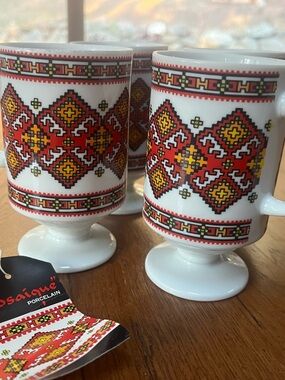 Vintage Mosaique  Porcelain Pedestal Mugs Set of 4 Japan Red Geometric Retro